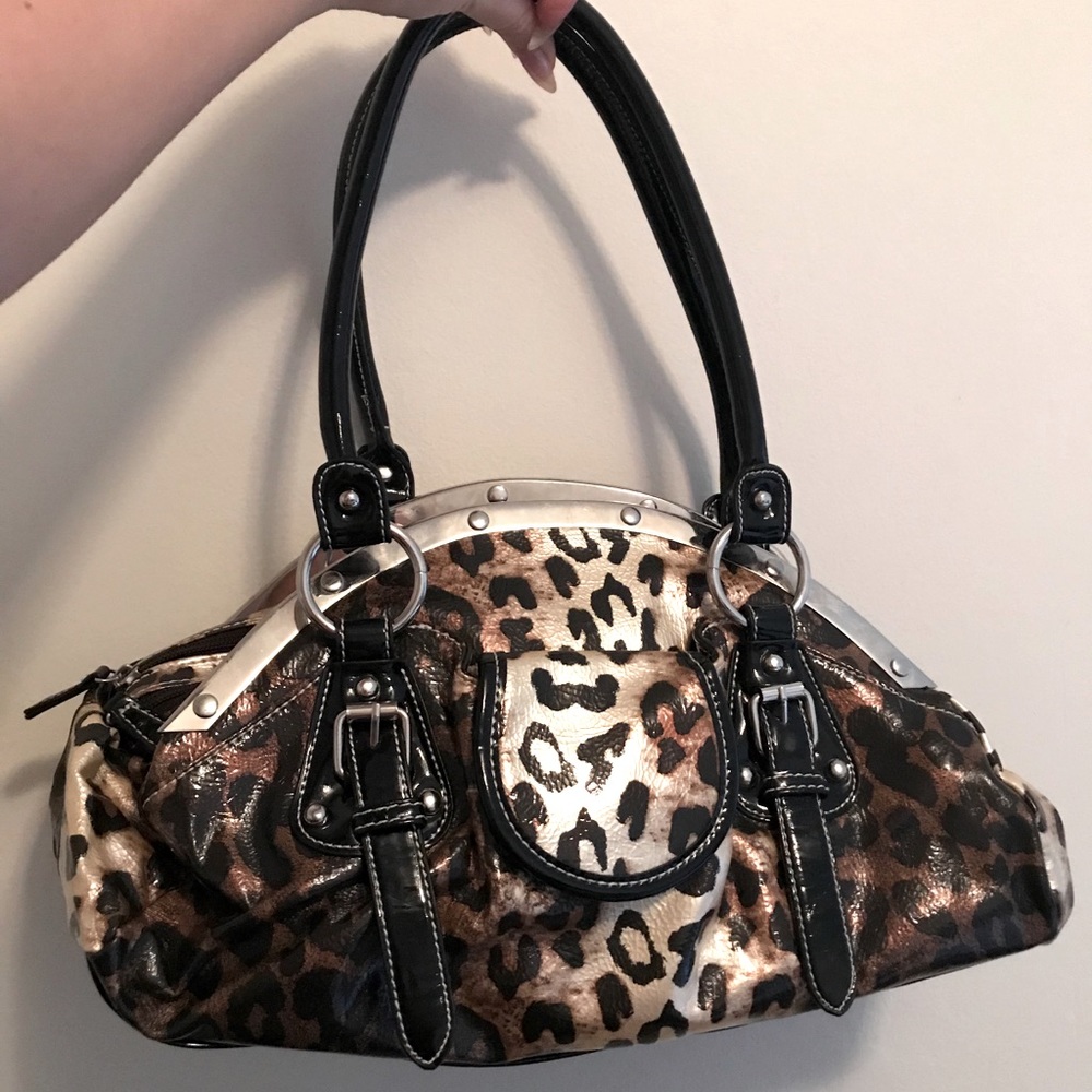 Faux patent leather satchel